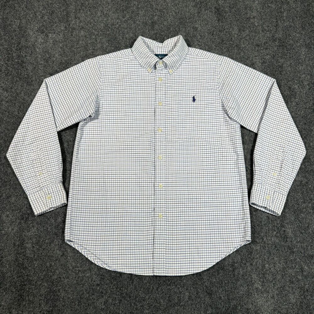 Ralph Lauren Youth 16 Shirt Long Sleeve Button Blue Gingham Checks Blue Pony
